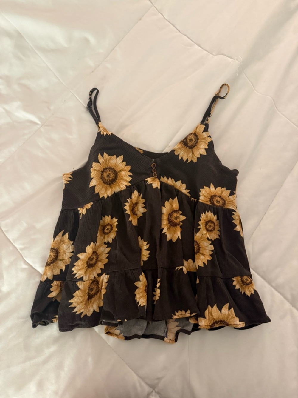 Black Sunflower Print Tiered Spaghetti Strap Tank Top